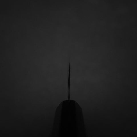 Santoku Blue Steel #2 Kurouchi Chokin Samourai Pleine Lune Manche en Buffle et Ébène Noir 165mm-[Musashi]-[Couteaux de cuisine japonais]