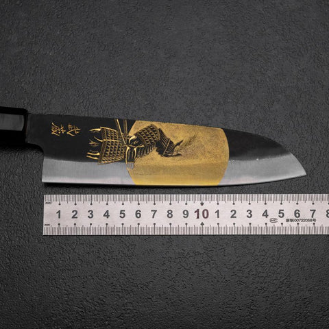 Santoku Blue Steel #2 Kurouchi Chokin Samourai Pleine Lune Manche en Buffle et Ébène Noir 165mm-[Musashi]-[Couteaux de cuisine japonais]