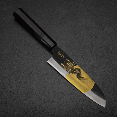 Santoku Blue Steel #2 Kurouchi Chokin Samourai Pleine Lune Manche en Buffle et Ébène Noir 165mm-[Musashi]-[Couteaux de cuisine japonais]