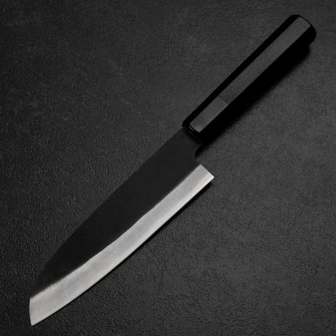 Santoku Blue Steel #2 Kurouchi Chokin Tigre-Bambou Manche en Buffle et Ébène 165mm-[Musashi]-[Couteaux de cuisine japonais]