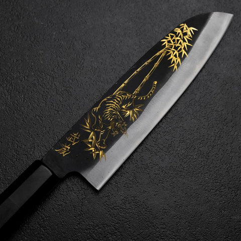 Santoku Blue Steel #2 Kurouchi Chokin Tigre-Bambou Manche en Buffle et Ébène 165mm-[Musashi]-[Couteaux de cuisine japonais]