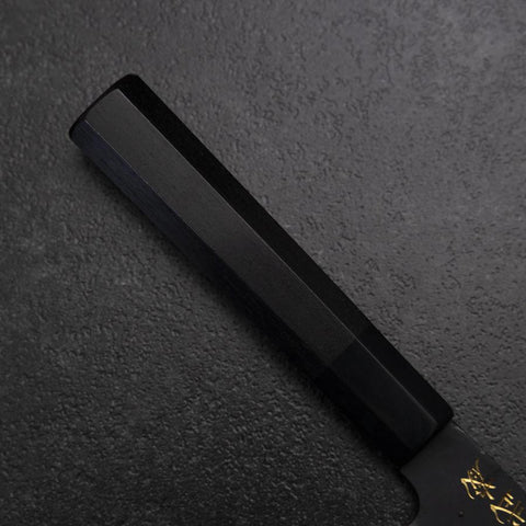 Santoku Blue Steel #2 Kurouchi Chokin Tigre-Bambou Manche en Buffle et Ébène 165mm-[Musashi]-[Couteaux de cuisine japonais]