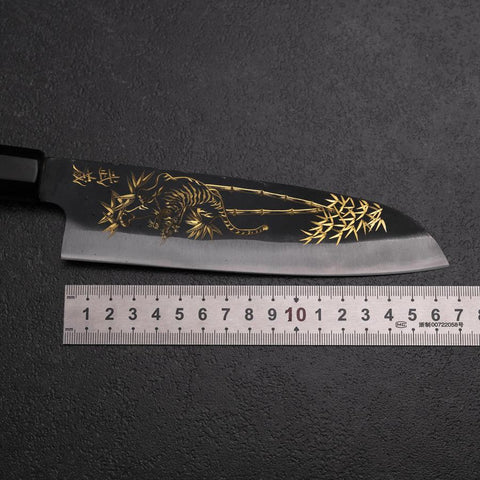 Santoku Blue Steel #2 Kurouchi Chokin Tigre-Bambou Manche en Buffle et Ébène 165mm-[Musashi]-[Couteaux de cuisine japonais]