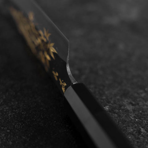 Santoku Blue Steel #2 Kurouchi Chokin Tokyo Tower & Feuille Érable Manche en Buffle et Ébène 165mm-[Musashi]-[Couteaux de cuisine japonais]