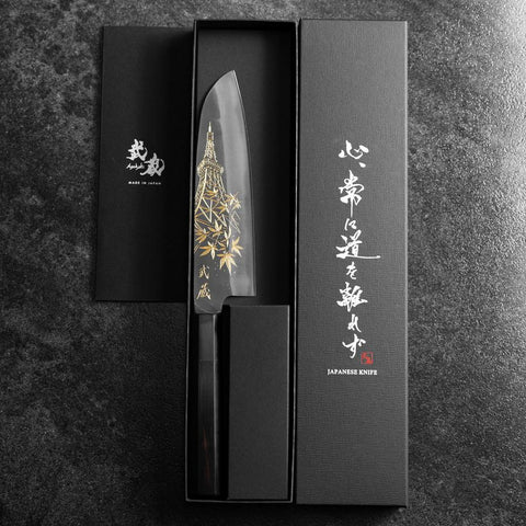 Santoku Blue Steel #2 Kurouchi Chokin Tokyo Tower & Feuille Érable Manche en Buffle et Ébène 165mm-[Musashi]-[Couteaux de cuisine japonais]