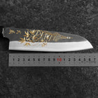 Santoku Blue Steel #2 Kurouchi Chokin Tokyo Tower & Feuille Érable Manche en Buffle et Ébène 165mm-[Musashi]-[Couteaux de cuisine japonais]