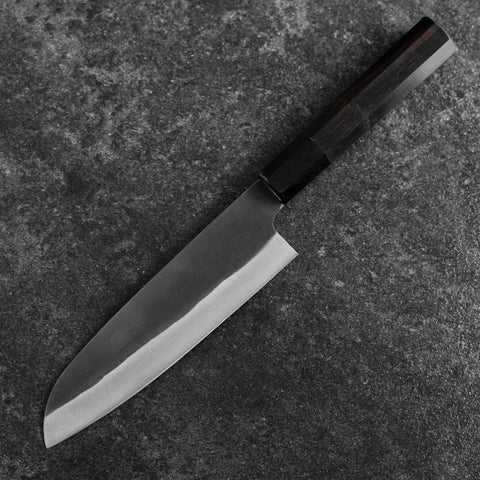 Santoku Blue Steel #2 Kurouchi Chokin Tokyo Tower & Maple Leaves Buffalo Ebony Handle 165mm (6.5")-[Musashi]-[Japanese-Kitchen-Knives]