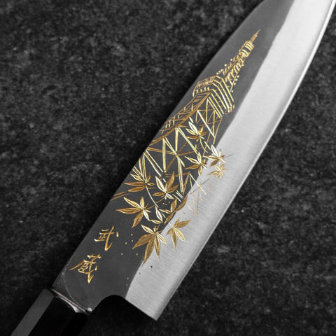 Santoku Blue Steel #2 Kurouchi Chokin Tokyo Tower & Maple Leaves Buffalo Ebony Handle 165mm (6.5")-[Musashi]-[Japanese-Kitchen-Knives]