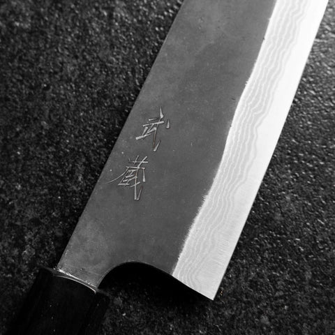 Santoku Blue Steel #2 Kurouchi Damas Manche en Buffle et Magnolia 170mm-[Musashi]-[Couteaux de cuisine japonais]