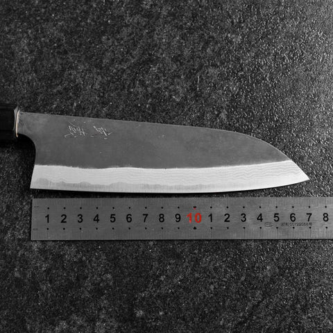 Santoku Blue Steel #2 Kurouchi Damas Manche en Buffle et Magnolia 170mm-[Musashi]-[Couteaux de cuisine japonais]