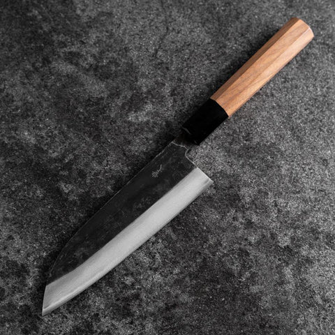 Santoku Blue Steel #2 Kurouchi Damas Manche en Buffle et Noyer 165mm-[Musashi]-[Couteaux de cuisine japonais]
