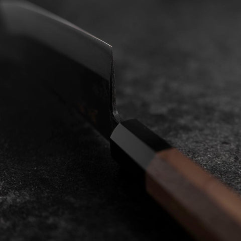 Santoku Blue Steel #2 Kurouchi Damas Manche en Buffle et Noyer 165mm-[Musashi]-[Couteaux de cuisine japonais]