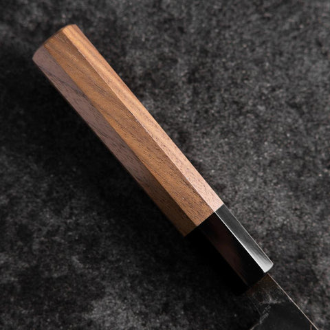Santoku Blue Steel #2 Kurouchi Damas Manche en Buffle et Noyer 165mm-[Musashi]-[Couteaux de cuisine japonais]