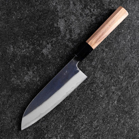 Santoku Blue Steel #2 Kurouchi Manche en Buffle et Noyer 165mm-[Musashi]-[Couteaux de cuisine japonais]