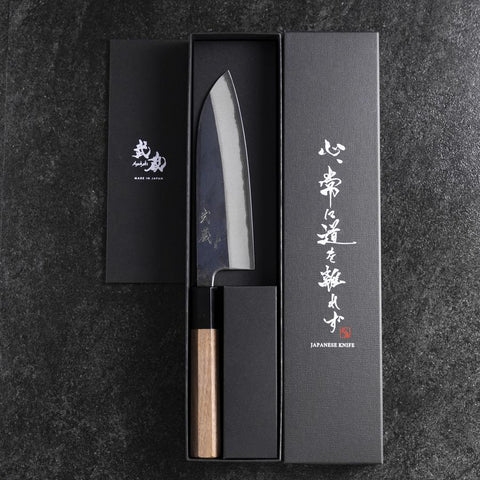 Santoku Blue Steel #2 Kurouchi Manche en Buffle et Noyer 165mm-[Musashi]-[Couteaux de cuisine japonais]
