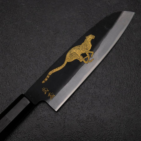Santoku Blue Steel #2 Kurouchi Manche en Chokin Guépard Buffle et Ébène 165mm-[Musashi]-[Couteaux de cuisine japonais]