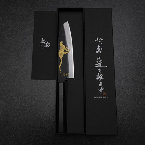 Santoku Blue Steel #2 Kurouchi Manche en Chokin Guépard Buffle et Ébène 165mm-[Musashi]-[Couteaux de cuisine japonais]