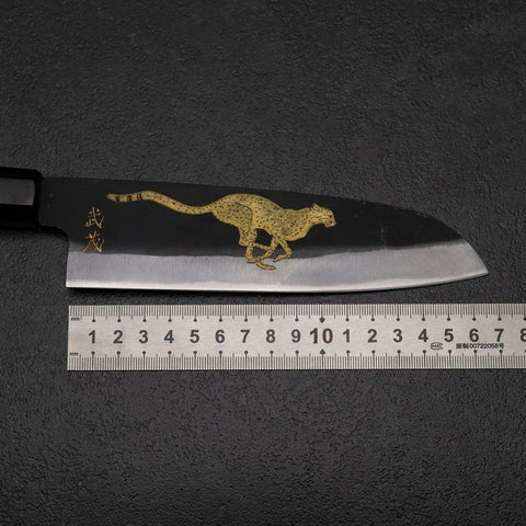 Santoku Blue Steel #2 Kurouchi Manche en Chokin Guépard Buffle et Ébène 165mm-[Musashi]-[Couteaux de cuisine japonais]