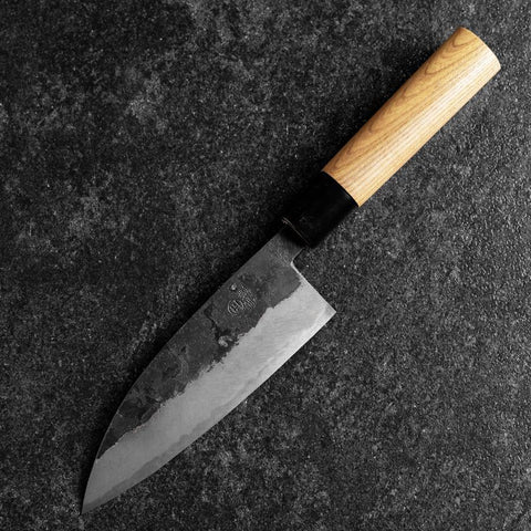 Santoku Blue Steel #2 Kurouchi Manche en Zelkova Oval 150mm-[Musashi]-[Couteaux de cuisine japonais]