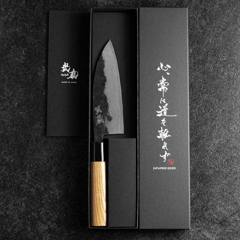 Santoku Blue Steel #2 Kurouchi Manche en Zelkova Oval 150mm-[Musashi]-[Couteaux de cuisine japonais]