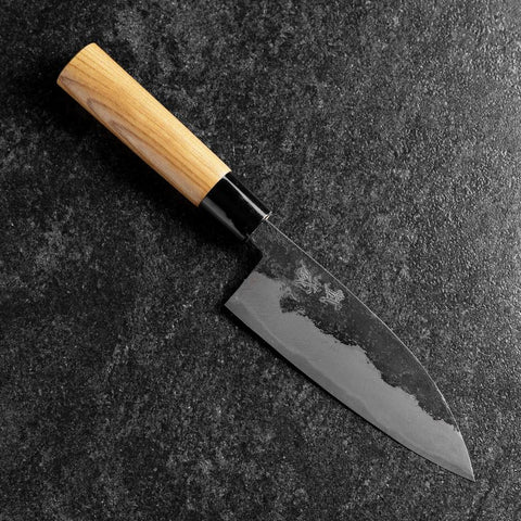 Santoku Blue Steel #2 Kurouchi Manche en Zelkova Oval 150mm-[Musashi]-[Couteaux de cuisine japonais]