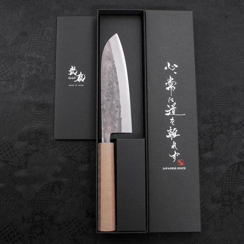 Santoku Blue Steel #2 Nashiji Revêtement Inox Manche Urushi Blanc 165mm-[Musashi]-[Couteaux de cuisine japonais]