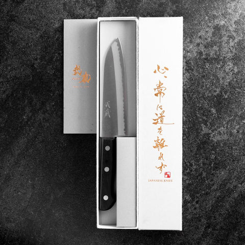 Santoku Blue Steel #2 Poli Manche Occidental Noir 145mm (Tsuba-nashi)-[Musashi]-[Couteaux de cuisine japonais]