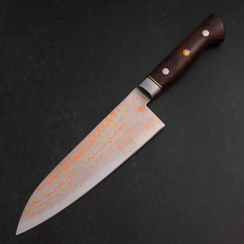 Santoku Blue Steel #2 Revêtement Inox Damas Coloré Manche Occidental en Bois de Fer 180mm-[Musashi]-[Couteaux de cuisine japonais]