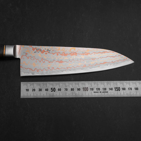 Santoku Blue Steel #2 Revêtement Inox Damas Coloré Manche Occidental en Bois de Fer 180mm-[Musashi]-[Couteaux de cuisine japonais]