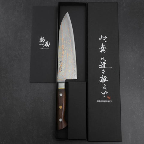 Santoku Blue Steel #2 Revêtement Inox Damas Coloré Manche Occidental en Bois de Fer 180mm-[Musashi]-[Couteaux de cuisine japonais]