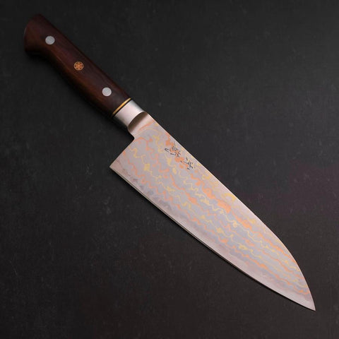 Santoku Blue Steel #2 Revêtement Inox Damas Coloré Manche Occidental en Bois de Fer 180mm-[Musashi]-[Couteaux de cuisine japonais]