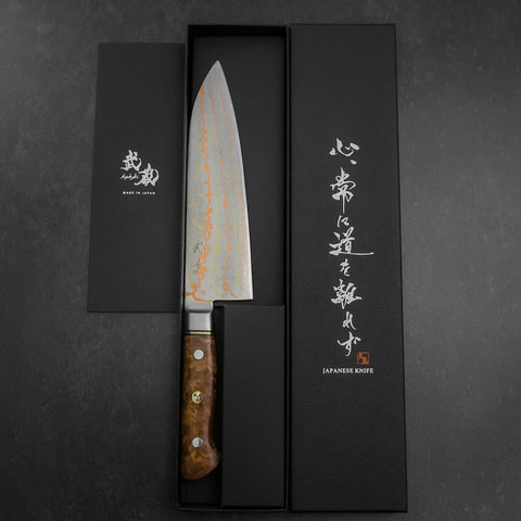 Santoku Blue Steel #2 Revêtement Inox Damas Coloré Manche Occidental en Karin 180mm-[Musashi]-[Couteaux de cuisine japonais]