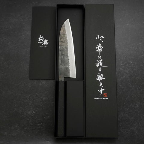 Santoku Blue Steel #2 Revêtement Inox Kurouchi Manche en Caoutchouc 165mm-[Musashi]-[Couteaux de cuisine japonais]