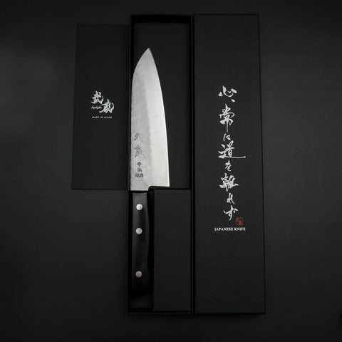 Santoku Blue Steel #2 Revêtement Inox Tsuchime Manche Occidental Noir 165mm-[Musashi]-[Couteaux de cuisine japonais]