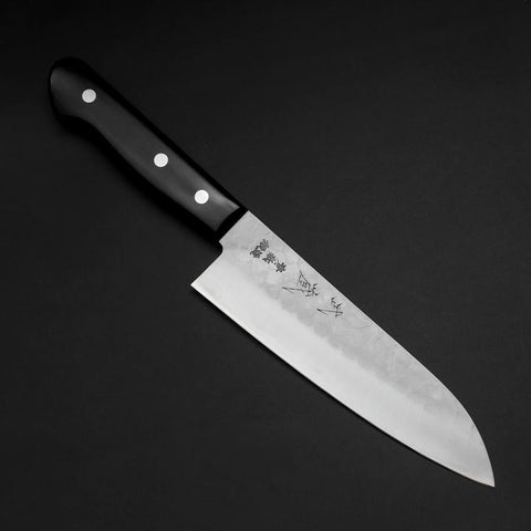 Santoku Blue Steel #2 Revêtement Inox Tsuchime Manche Occidental Noir 165mm-[Musashi]-[Couteaux de cuisine japonais]
