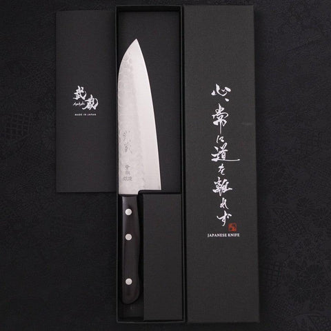 Santoku Blue Steel #2 Revêtement Inox Tsuchime Manche Occidental Noir 170mm-[Musashi]-[Couteaux de cuisine japonais]