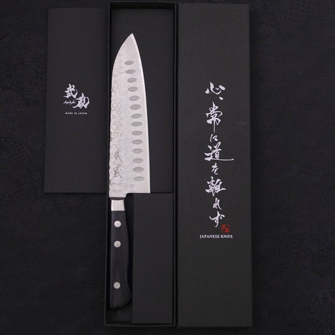 Santoku Blue Steel #2 Revêtement Inox Tsuchime Manche Occidental Noir 175mm-[Musashi]-[Couteaux de cuisine japonais]