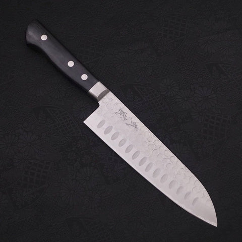 Santoku Blue Steel #2 Revêtement Inox Tsuchime Manche Occidental Noir 175mm-[Musashi]-[Couteaux de cuisine japonais]