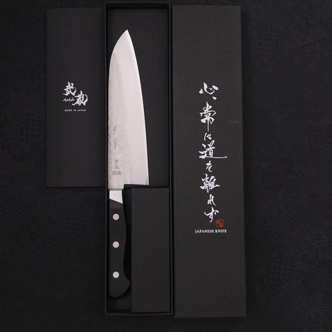 Santoku Blue Steel #2 Revêtement Inox Tsuchime Manche Occidental Noir 180mm-[Musashi]-[Couteaux de cuisine japonais]