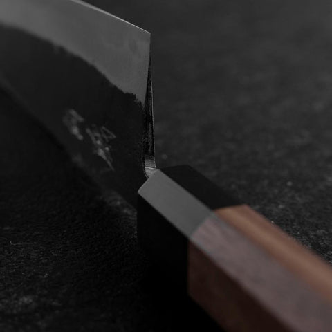 Santoku Blue Steel #2 Revêtement inox Kurouchi Manche en Buffle et Noyer 165mm-[Musashi]-[Couteaux de cuisine japonais]