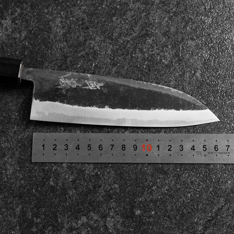 Santoku Blue Steel #2 Revêtement inox Kurouchi Manche en Buffle et Noyer 165mm-[Musashi]-[Couteaux de cuisine japonais]