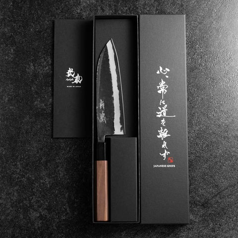 Santoku Blue Steel #2 Revêtement inox Kurouchi Manche en Buffle et Noyer 165mm-[Musashi]-[Couteaux de cuisine japonais]