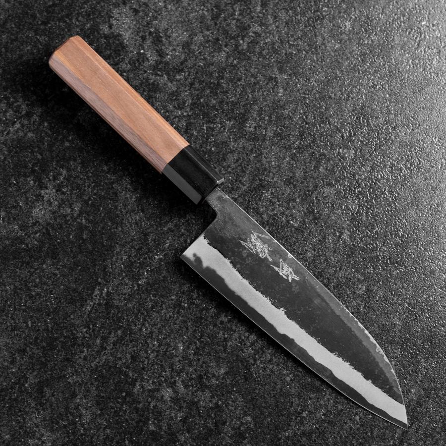 Santoku Blue Steel #2 Revêtement inox Kurouchi Manche en Buffle et Noyer 165mm-[Musashi]-[Couteaux de cuisine japonais]
