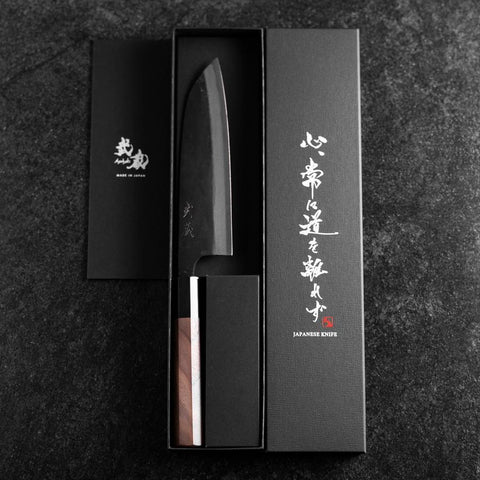 Santoku Blue Steel #2 Revêtement inox Kurouchi Manche en Noyer 165mm-[Musashi]-[Couteaux de cuisine japonais]