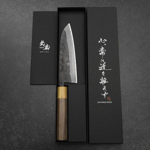 Santoku Blue Steel #2 Revêtement inox Kurouchi Manche en Noyer et Zelkova 165mm-[Musashi]-[Couteaux de cuisine japonais]
