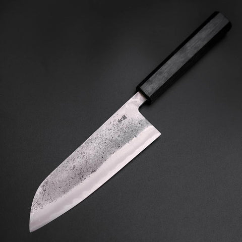 Santoku Blue Steel #2 Revêtement inox Nashiji Manche Urushi Bleu Sombre 165mm-[Musashi]-[Couteaux de cuisine japonais]