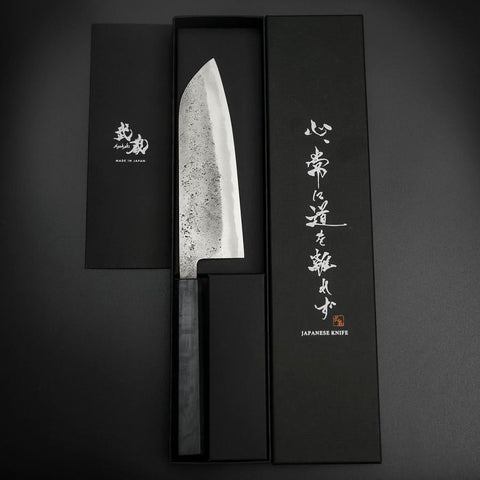 Santoku Blue Steel #2 Revêtement inox Nashiji Manche Urushi Bleu Sombre 165mm-[Musashi]-[Couteaux de cuisine japonais]