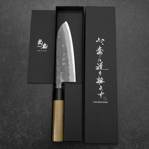 Santoku Blue Steel #2 Revêtement inox Nashiji Manche en Bois d’if 165mm-[Musashi]-[Couteaux de cuisine japonais]