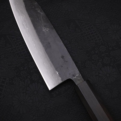 Santoku Blue Steel #2 Kurouchi Damascus Buffalo Ebony Handle 165mm-[Musashi]-[Japanese-Kitchen-Knives]