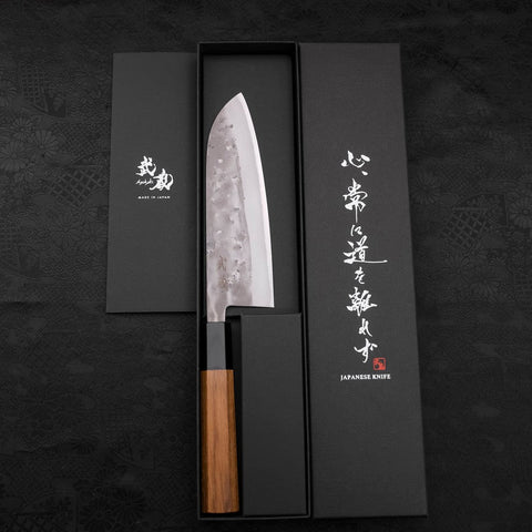 Santoku Blue steel #2 Nashiji Revêtement Inox Manche en Buffle et Bois de Teck 165mm-[Musashi]-[Couteaux de cuisine japonais]